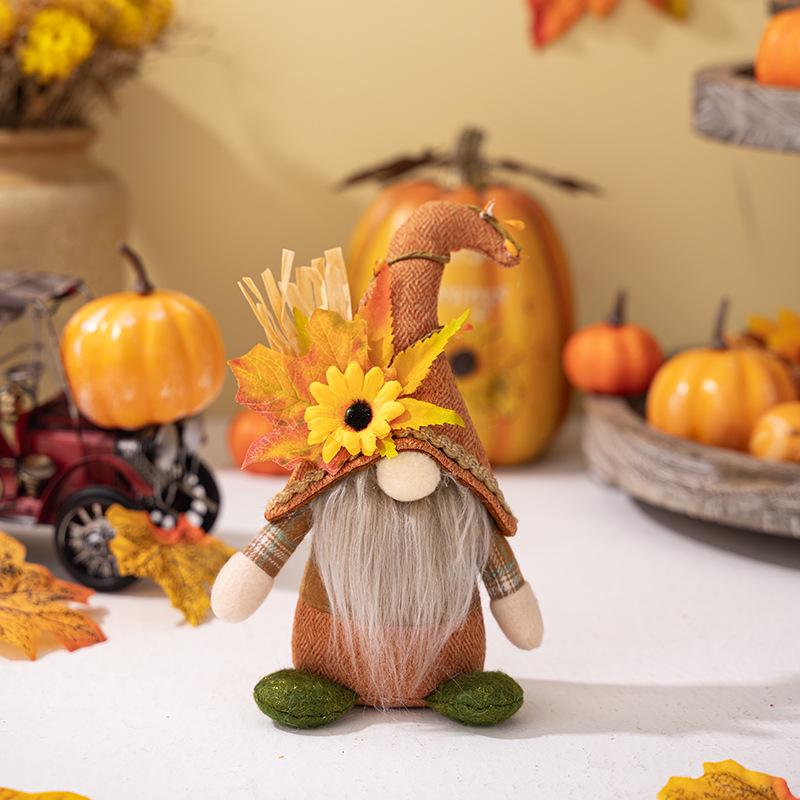 

Thanksgiving Standing Gnome Figurine with Maple Leaves & Sunflower Beanie