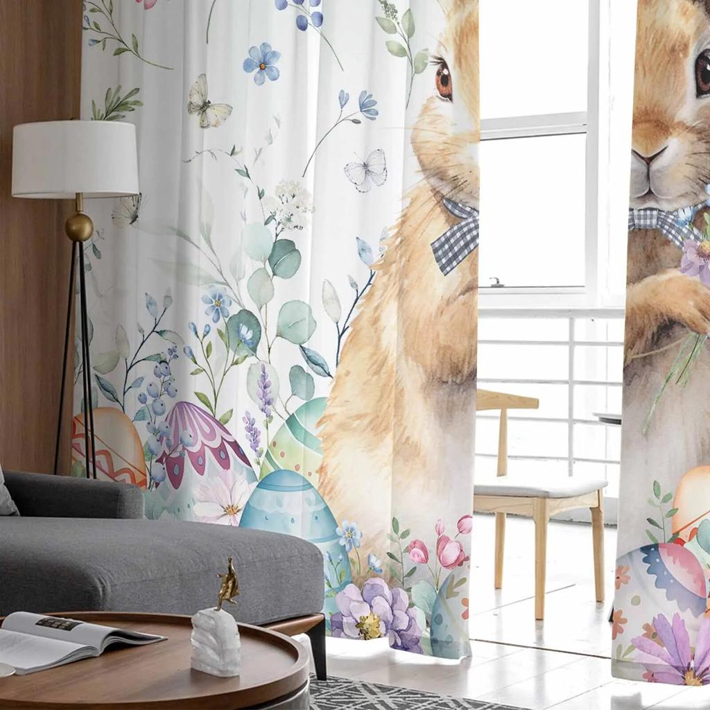 Ostereier, Hase, Blumen, Tüllvorhänge für Wohnzimmer, durchsichtiger Vorhang für Schlafzimmer, Küche, Jalousien, Voile-Vorhänge