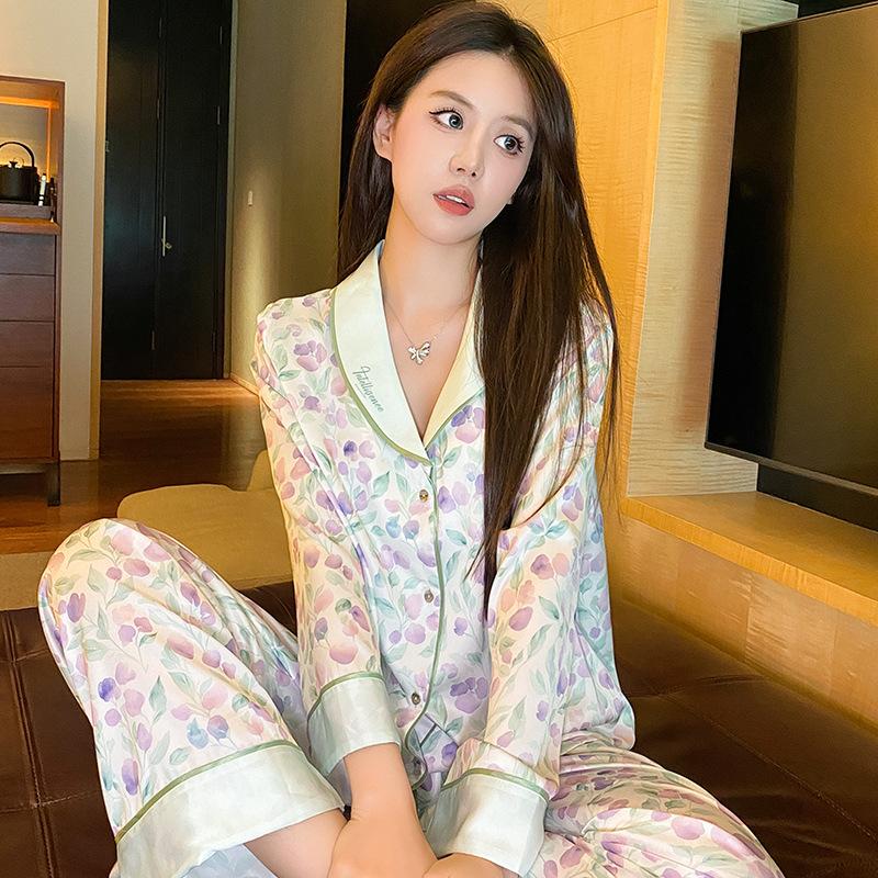 

Весна Осень Длинные Рукава Брюки Пижамный Костюм Женщин Свободный Повседневный Шелковый Атлас Домашняя Одежда 2 ШТ. Пижамный Комплект Ночная Одежда Для Дома XL