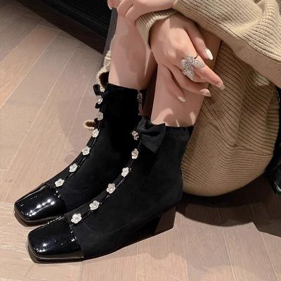 Niedriger Preis Damenschuhe Knöchelstiefel Damenstiefel Mode Schmetterlingsknoten Büro und Karriere Neue Karree Feste Schuhe für Frauen