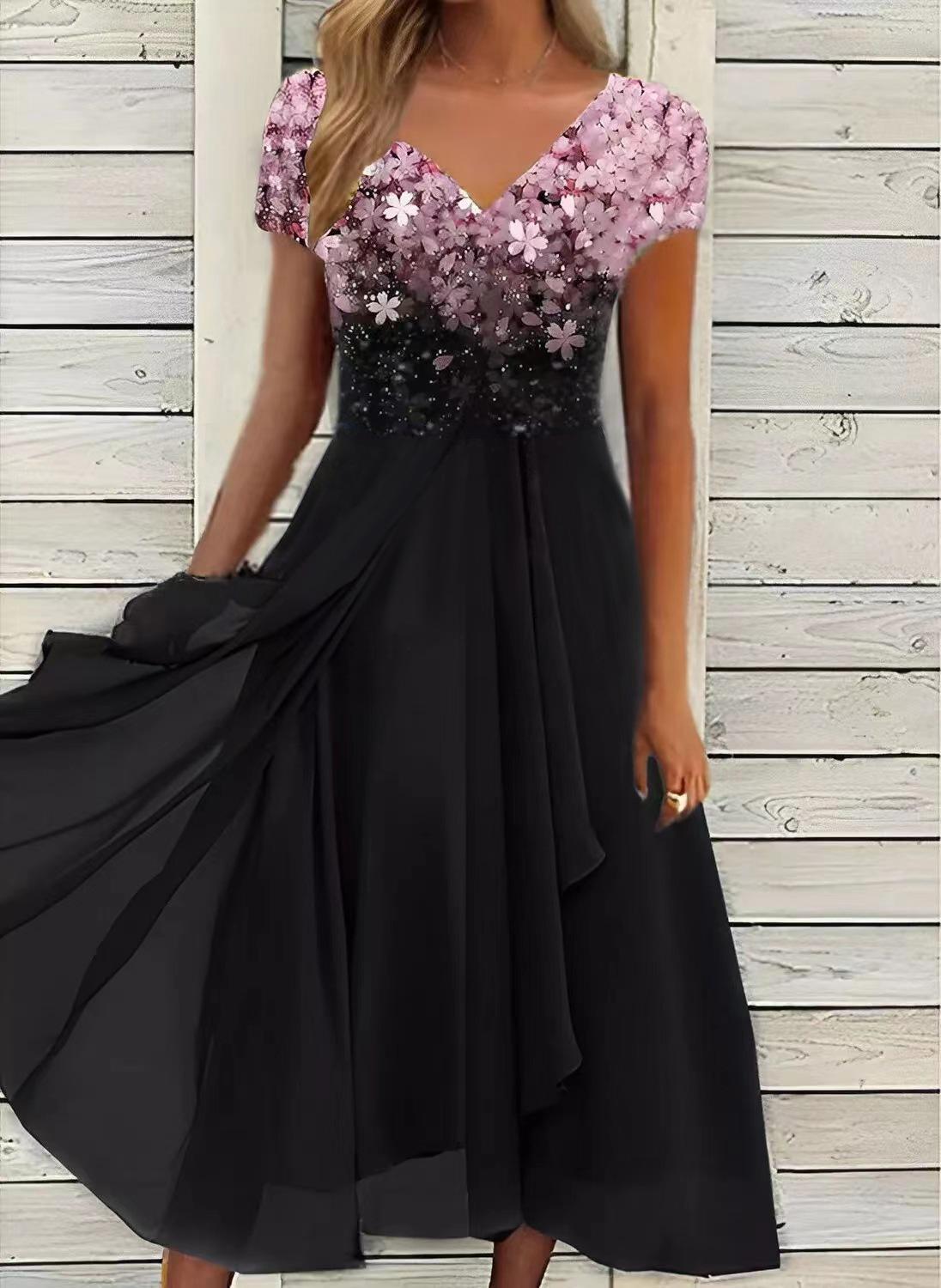 Women s V Neck Short Sleeve Midi Dress A Line Mid Rise Sweet Floral Chiffon Patchwork Party Dress S