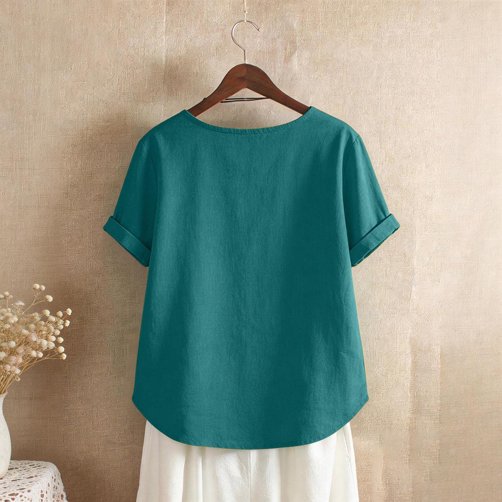 Women's Fashion  Color Loose Casual Round Neck Cotton Linen Top