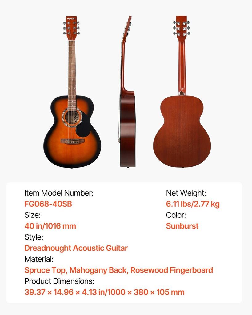 40 Zoll Dreadnought Akustikgitarre Anfänger-Bundle Gigbag Erwachsener Sunburst