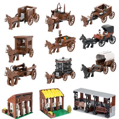 MOC Mittelalterlicher Wagen Kutsche Pferde Stall Baustein Set Militärische Kriegs Straßenansicht Kompatible Figuren Spielzeug Spielsets Für Kinder Kind Geschenk Präsent