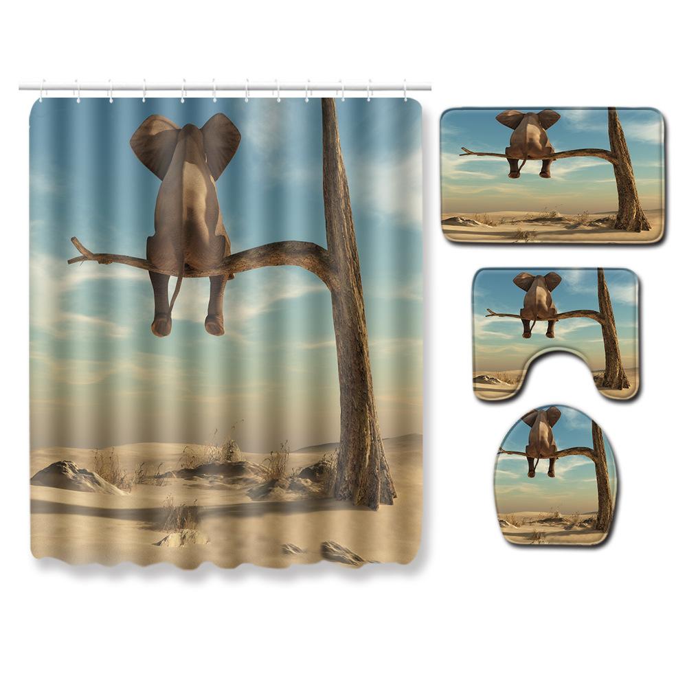 Elephant Lion Animal Shower Curtain Floor Mat Combination Set Toilet Carpet Shower Room Mat Foot Mat