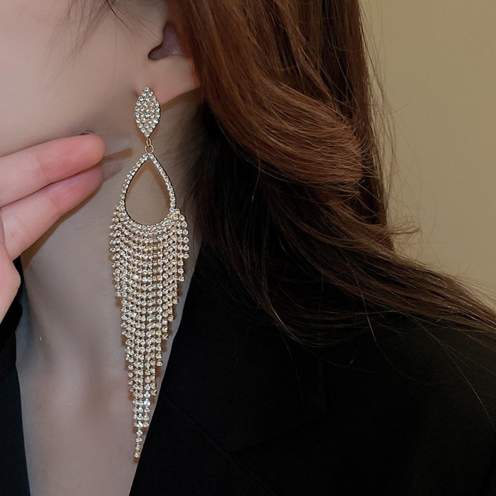 Luxury Temperament Shining Rhinestone Chain Long Fringe Dangle Earrings for Women Prom Wedding Party Statement Earrings Jewelry