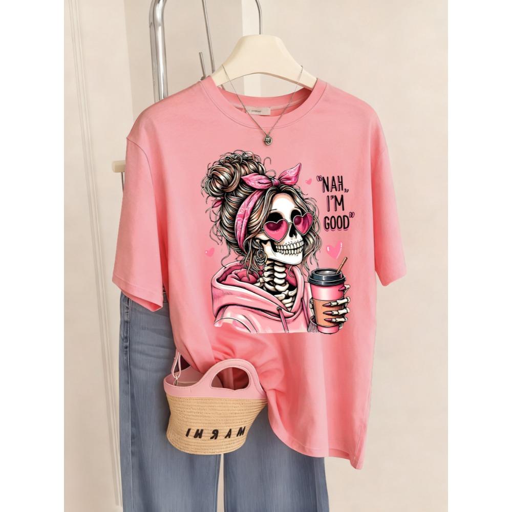 I'M Good Coffe Skulls Printed T-Shirt Women Crewneck Casual T Shirts Comfortable Summer Short Sleeve Soft Tee Top