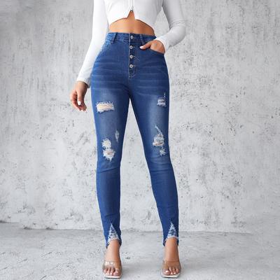 2024 Spring Edition Slim Fit Blue Breasted Small Leg Pants Pencil Pants European And American High Waisted Tight Jeans For Women