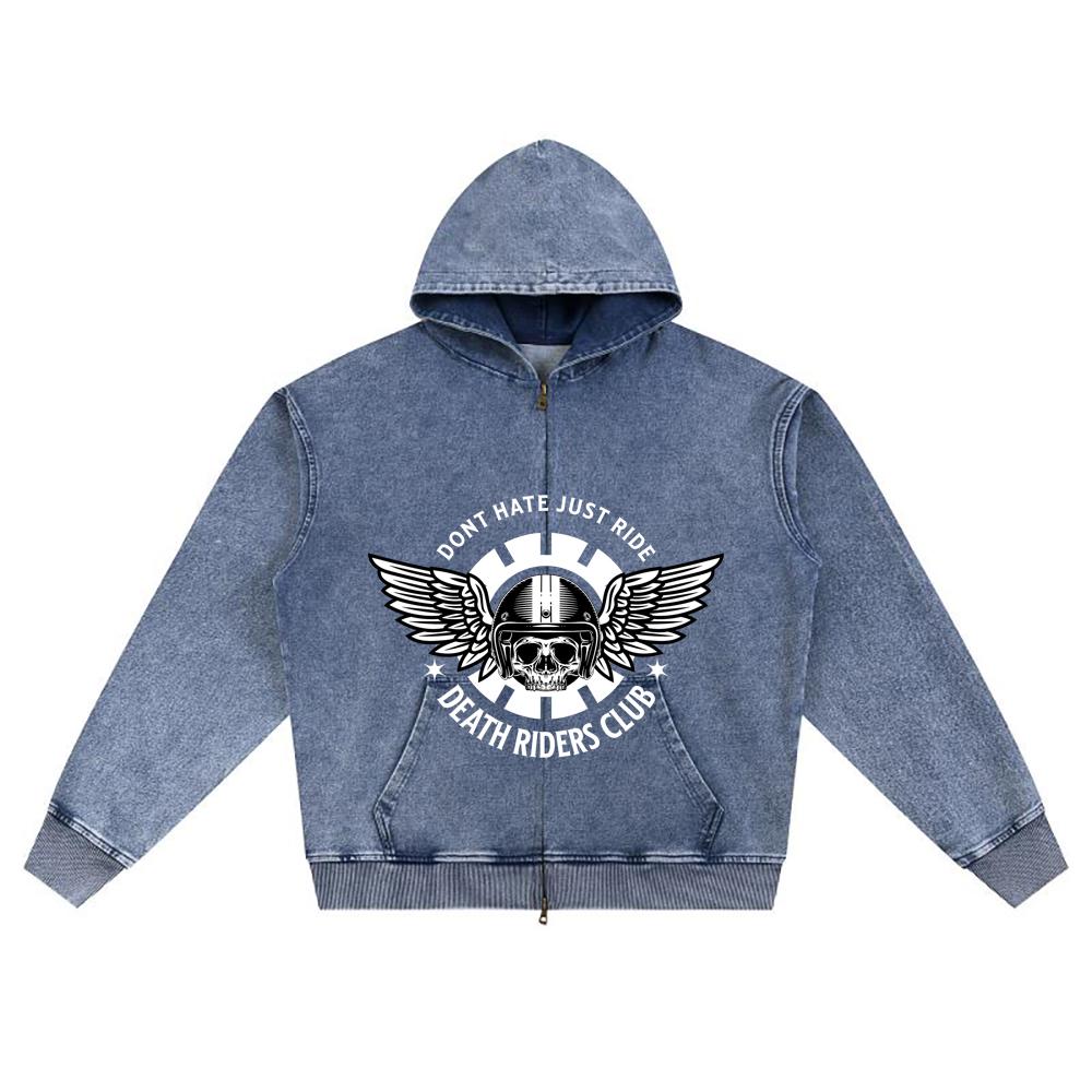 DTG Print Knitted Denim Zip-Up Hoodie Streetwear Motorcycle Brother Print Zipper Hoodies