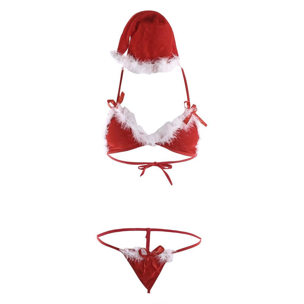 European & American Christmas Fuzzy Deep V-See-Through Sexy Three-Point Lingerie Set