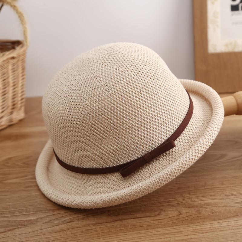 

Fisherman s hat children spring and summer bow curled dome top hat small fresh tide shading breathable basin hat tide Adult (56-58cm) бежевий
