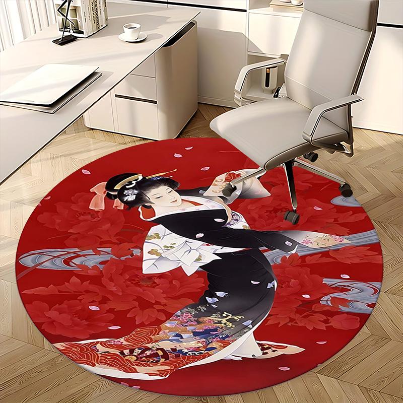 Traditional Japanese Kimono,Geisha Dance Chair Mat Round Rug Office Carpet, Non Slip, Suitable for Living Rooms, Bedrooms Decor.1205227a