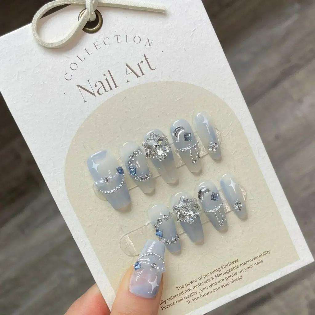 10Pcs Handmade Press on Nails Long Ballet Blue Fake Nails with 3D Ocean Moon Rhinestone Design False Nails Full Cover Nail Tips