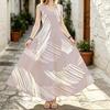 Women U Neck Maxi Sundress,Light Grey Abstract Line Print Dress,Sleeveless Flowy Long Dress,Seaside Casual Apparel