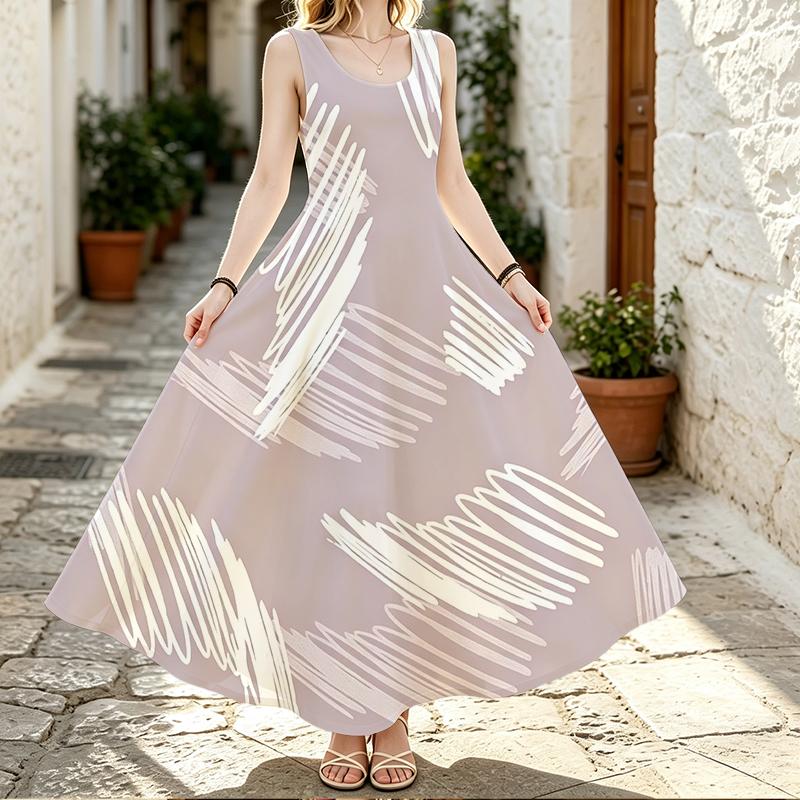 Women U Neck Maxi Sundress,Light Grey Abstract Line Print Dress,Sleeveless Flowy Long Dress,Seaside Casual Apparel