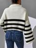 Fall Winter New Style Striped Color Block Stand Collar Knit Pullover Sweater Outerwear for Women