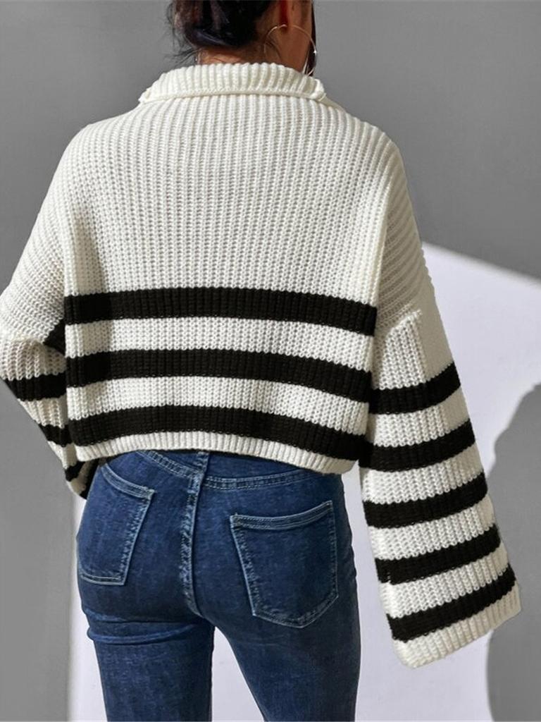Fall Winter New Style Striped Color Block Stand Collar Knit Pullover Sweater Outerwear for Women