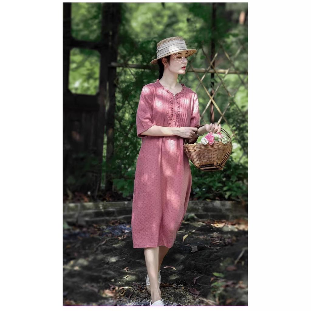 2025 summer new fungus edge floral cotton and linen dress women's retro loose short-sleeved printed medium and long dress