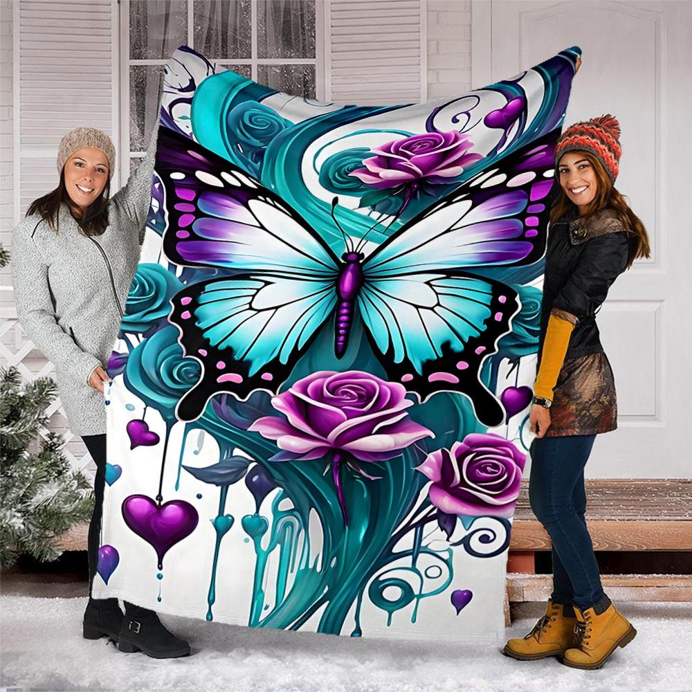 1pc Butterfly Roses Heart Outdoor Flannel Blanket Soft All Season Polyester Throw , Perfect for Picnics & Travel , Picnic Accessory