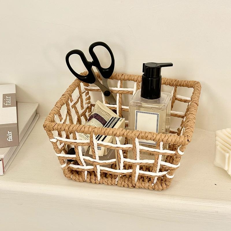 Woven Storage Organizer Square Desktop Storage Basket Creative Brown&white Display Basket For Girl Table Food Storage Organizer