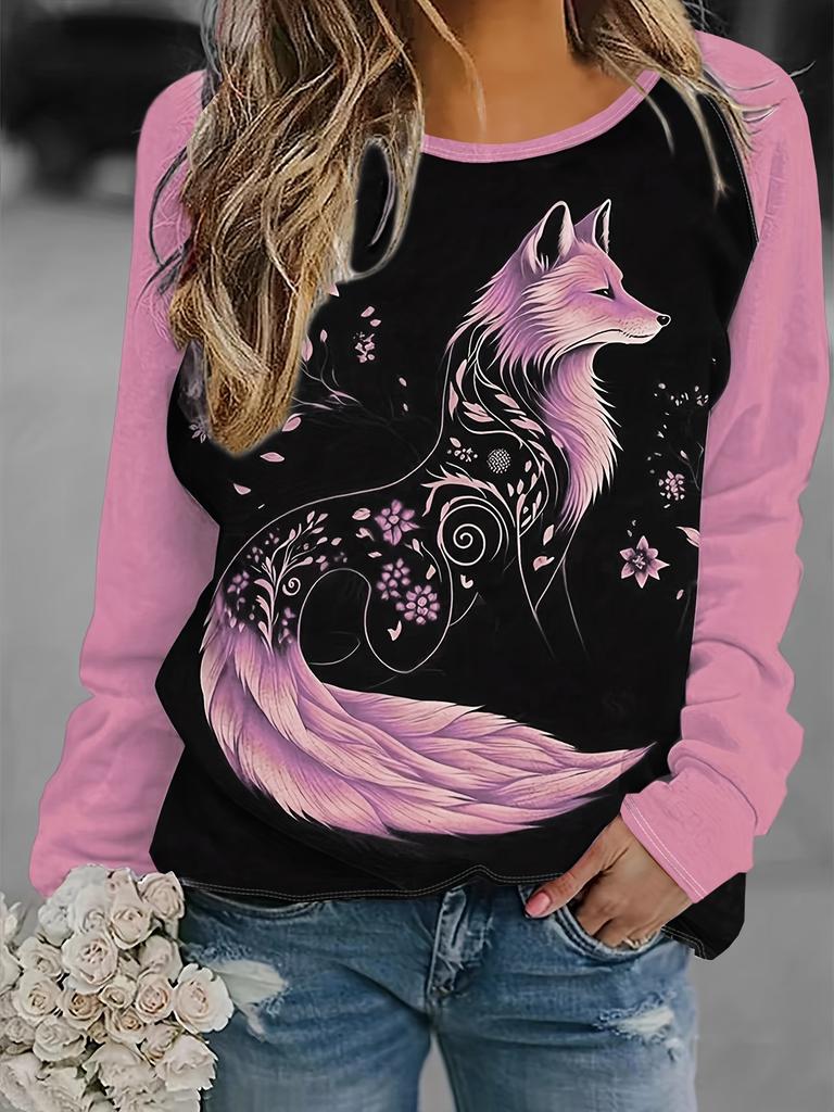 Women's 2024 Sleeves Stitching Fox Print Round Neck Long Sleeve Party Autumn Casual Pullover 3d Printing Casual Fashion Tops