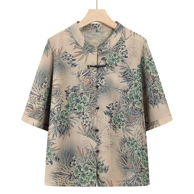 

Elegant Grandma-Style Summer Shirt: Slimming, Short-Sleeved, Breathable, with Chinese Knot Buttons for Middle-Aged and Elderly Women 5XL (145-160 jin) зелёный