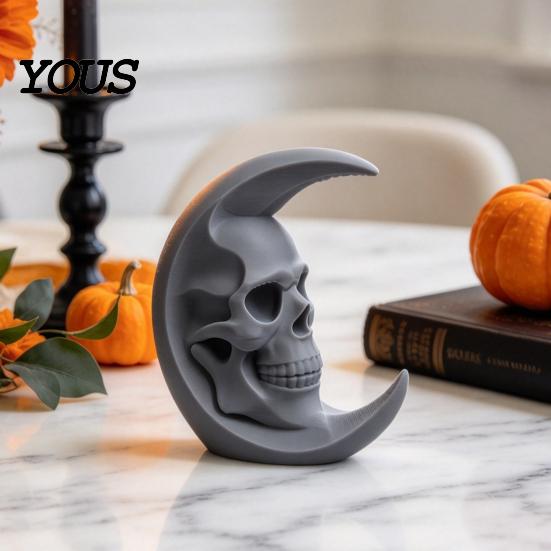 DIY Blank Skull Sculptures 3D Printed Moon Figurine, Gothic Crescent and Unique Ornaments Sculpture, Vintage Desktop Statue for Halloween Desk