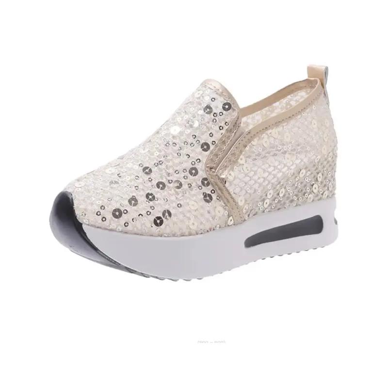 Fashion Women's Sneakers Floral Glitter Embroidery Mesh Sneakers for Women Slip On Casual Comfy Heeled Shoes Woman Wedges Shoes