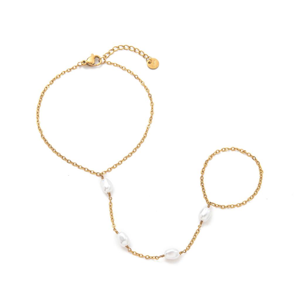 Stylish 18k Gold-Plated Titanium Bracelet with Diamond-Studded Bead & Finger Chain