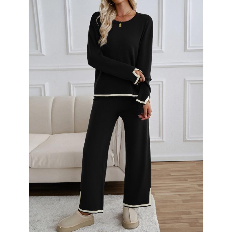 Women's Color Block Long Pants Round Neck Long Sleeve Loungewear Set