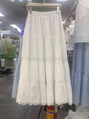 Women's White Cotton Tiered Midi Skirt with Lace Trim