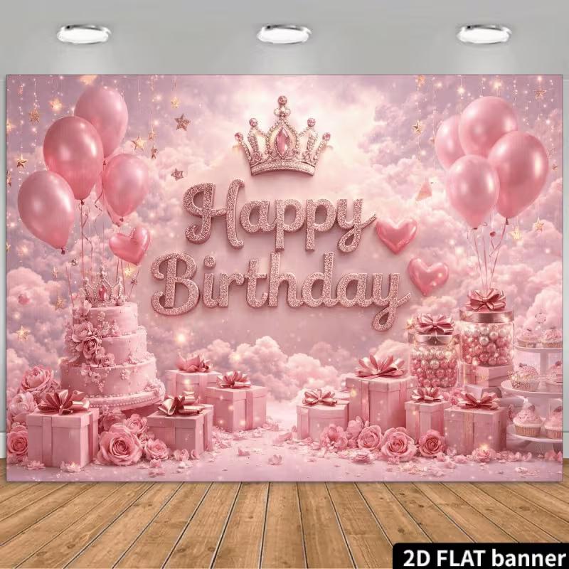

2D Flat Printing Pink Birthday Backdrop, Crown & Balloons Party Banner 47.2x31.5inch/120*80cm