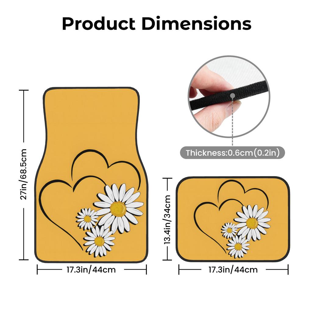 4pcs Yellow Background Heart & Daisies Printed Car Floor Mats Kit, Durable & Elegant, Front & Rear Full Coverage Auto Interior A