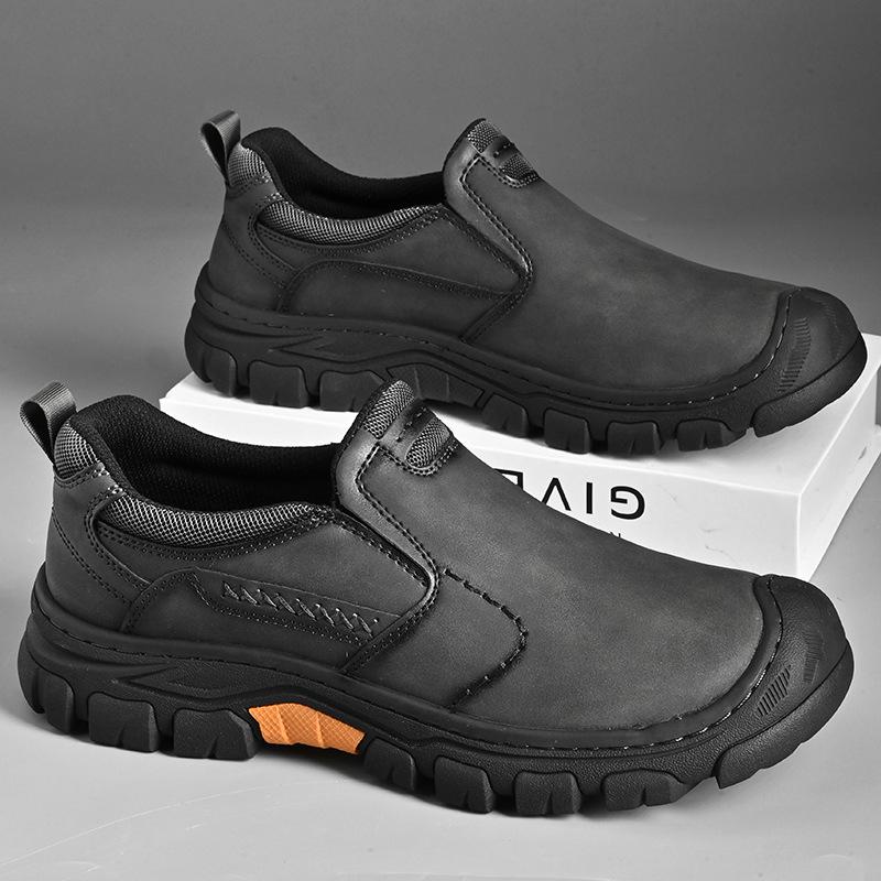 Men's Waterproof Slip On Faux Leather Hiking Shoes for Male Outdoor Non-Slip Walking Sneakers Casual Loafers Work Shoes Comfortable Short Boots
