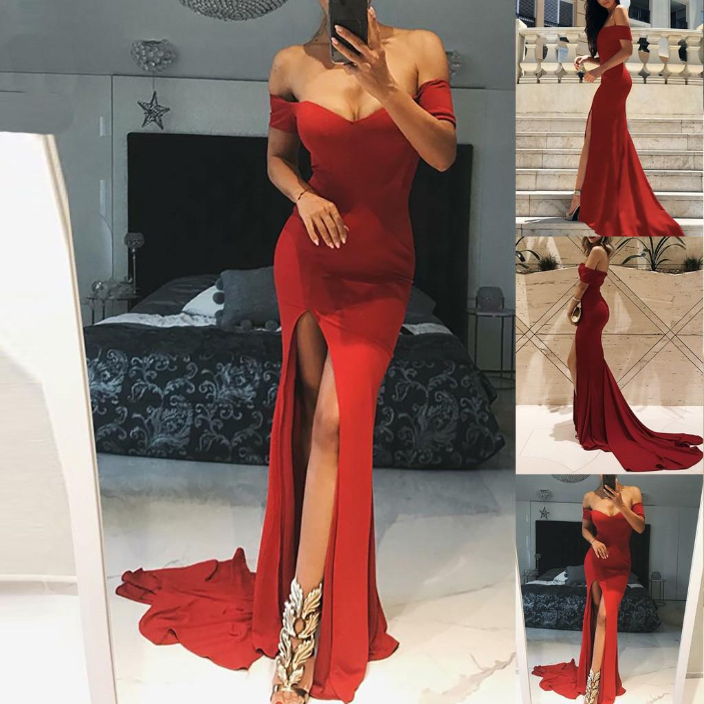 

Fashion Women Casual Sexy Solid Color Shoulder V-neck Party Dress