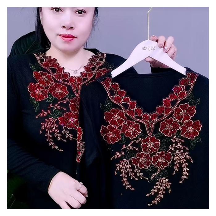 

Rhinestone Long-Sleeve Plus Size Top: Age-Reducing, Tummy Concealing, Warm Base Layer with Fleece and Stand-up Collar for Middle-Aged Women 3XL