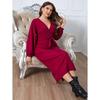Women's Solid Long Lantern Sleeve Dress Cross Wrap Ruched V-neck Tie Waist Hem Split Long Dress Fit Basic Elegant Maxi Dress Party Club Work Dress