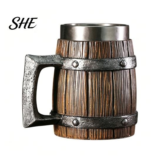 Food Grade Beer Mug Wood Barrel Mug, 600ml Stainless Steel Liner Stein, Durable Stein Rustic Tankard for Pub Home Bar Party Gift Vintage Style