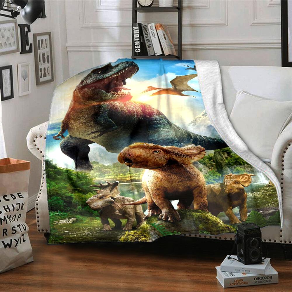 Realistic T‑Rex Triceratops Dinosaur Scenery Print Flannel Blanket Soft Warm Throw Blanket for Sofa Bed Living Room