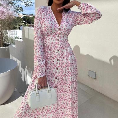 Holiday French V-neck Waist Floral Slim Dress Spring Long-sleeved Dress