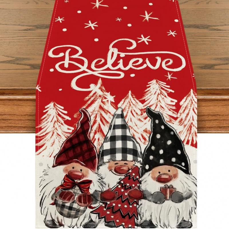 Festive Snowman Christmas Tree Table Runner Home Kitchen Dining Tablecloth for Party Decoration
