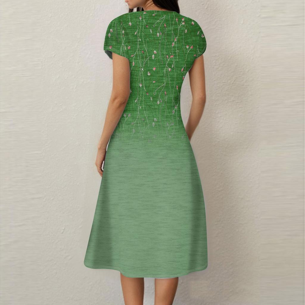 Women's Casual Fashion V-Neck Short Sleeve Floral Print Midi Flowing Dress