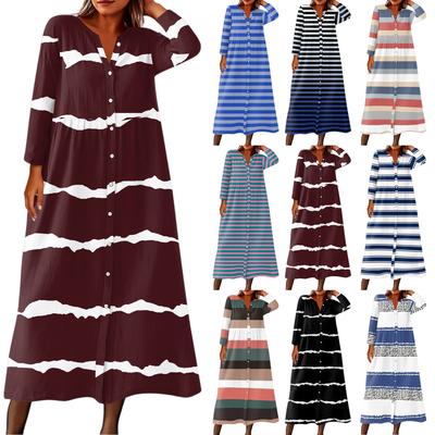 Women's Fashionable Printed Round Neck Seven Quarter Sleeve Button Loose Shirt Dress