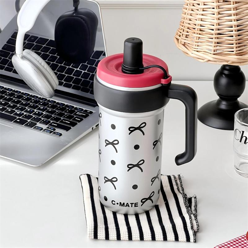 Large Capacity Cute Insulated Mug, 1000Ml Tumbler With Handle And Straw Lid, Stainless Steel Sports Water Bottle