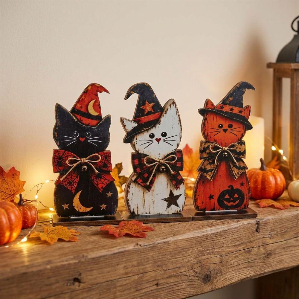 3Pcs Autumn Vintage Black Cat Tabletop Sign Retro Witch Hat Cat Table Ornament Halloween Atmosphere