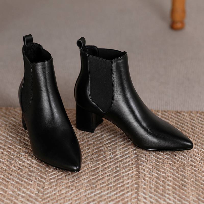 Krazing Pot Kravská kůže Zimní Špičaté špičky Silné střední podpatky Chelsea boty Dámské Nazouvací Velká velikost Retro Stručný styl Kotníkové boty