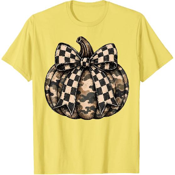 Camo Pumpkin with Checkered Bow Cute Fall Halloween Season T-Shirt