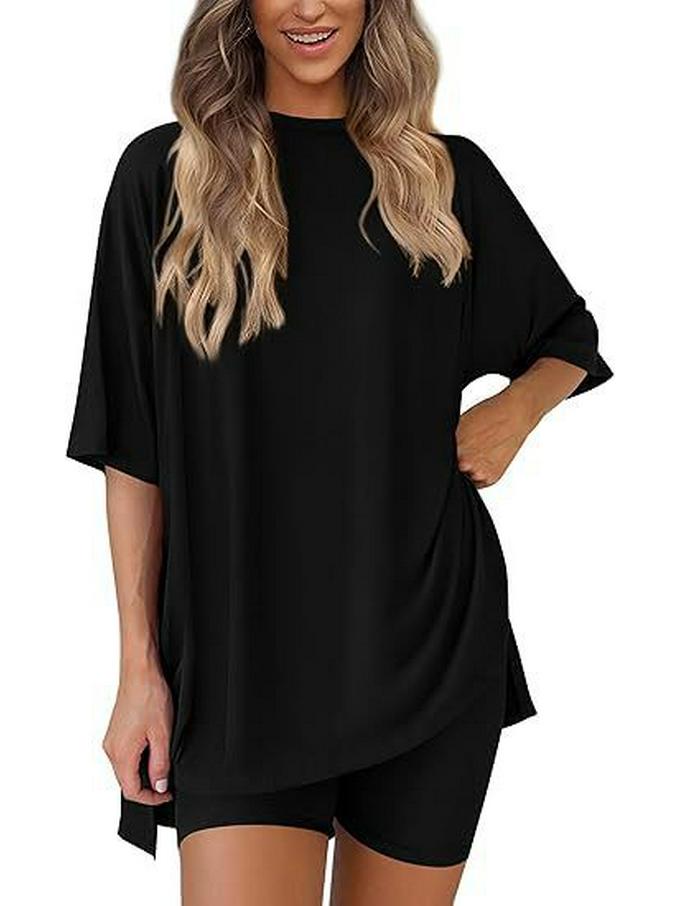 2026 Women's Casual Round Neck Slit Loose Short Sleeve Home Wear Set