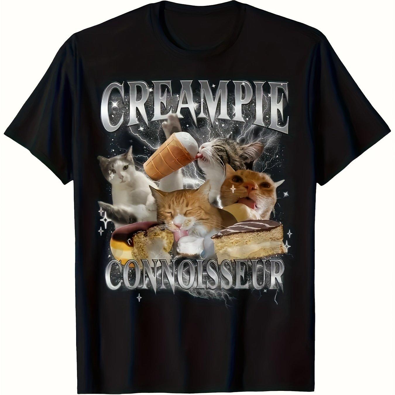 Funny Cat Meme T-Shirt Black with Creampie Conspiracy Graphic Printed Regular Fit Short Sleeve Tshirt Top for Women Clothing S