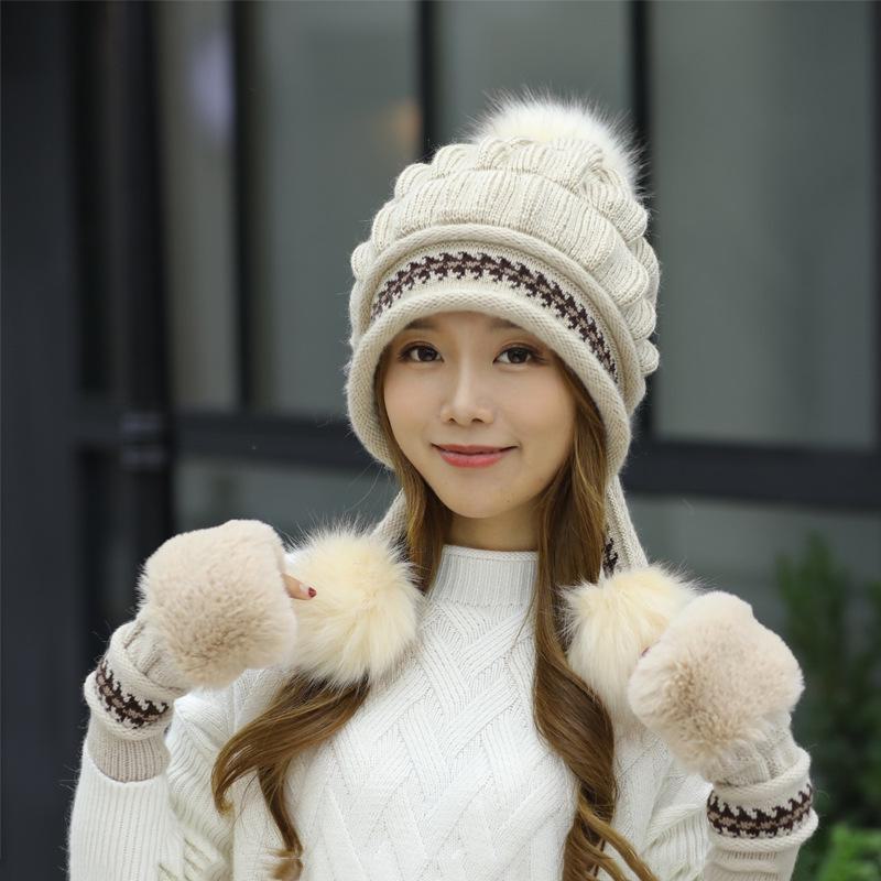 Women's Winter Velvet Rabbit Fur Knitted Wool Hat with Fur Ball and Earmuffs Beret.